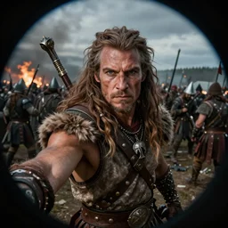 Neanderthal warrior taking a selfie after battle, fisheye lens