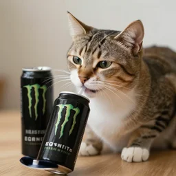 a cat drinking energy drink