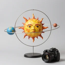 a kinetic sculpture of this solar system, sun, orrery, canon 5 d 5 0 mm lens, papier - mache, studio, 1 9 5 4