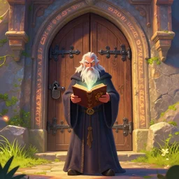 an angry old wizard facing the camera in robes holding a magical book standing in front of an elaborate ancient arched wooden oak closed door. The door has an elaborate metal lock and iron bracing. beautiful colorful fantasy rendering, colorful, grass, stone steps, steps, glowing runes, morning, golden hour, inspired by art of James Gurney and Greg Rutkowski