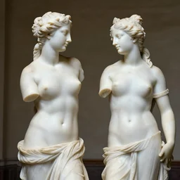 sculpture of the beautiful venus and aphrodite looking at each other, full body, hyperrealistic style in carrara marble