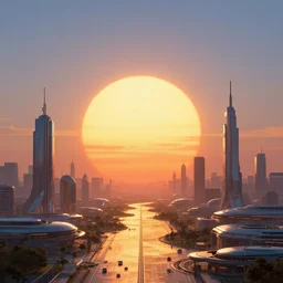 wide angle, a giant sun, sunset with futuristic city under sun, futuristic lanscape, cyberpunk art by stalenhag, instagram contest winner, retrofuturism, synthwave, retrowave, darksynth