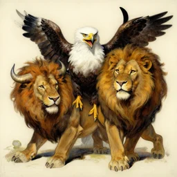 a happy creature with the body and eyes of a man, with the beak of an eagle, with the mane of a lion, with the horn of an ox. drawn by frank frazetta