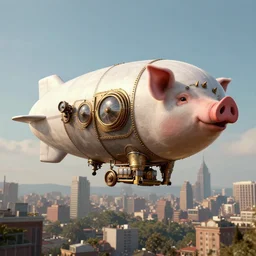 a blimp in the shape of a pig, steampunk, digital art, extremely detailed, flying over a city