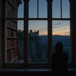 figure looking through a wide window, castle library, nightfall, lonely, dark colors, fading sun, cliff landscape, photorealistic by michael komarck, greg rutkowski, victo ngai, artgerm, willem claesz heda