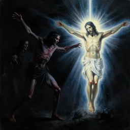 black background. evil and badness attack christ from one side, but from christ's other side emerges light and life. like a prism with light passing through it. contrast of evil and good | painting by craig mullins