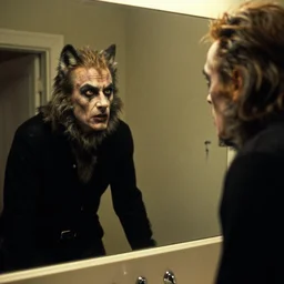 david naughton, as david kessler from an american werewolf in london, looks at himself in a bathroom mirror to see his reflection as a monstrous wolf man, hyperreal, rick baker makeup