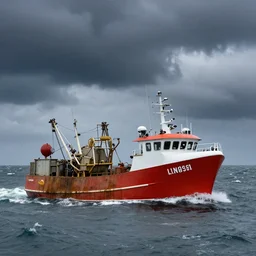 uk fishing trawler, fishing boat, hyper realistic, very accurate, stormy seas, wide view