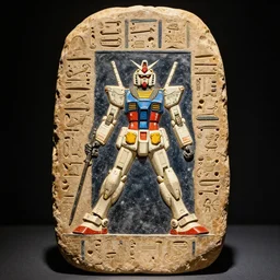 an ancient egyptian hieroglyphic tablet depicting a gundam in space by moebius