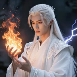 beautiful male sorcerer with fire and thunder magic, long white hair, attarctive pretty face, anime key visual, highly detailed, sharp focus, concept art, league of legends, style by shumolly and monable and artgerm and greg rutkowski and jo chen and pilyeon and ruan jia