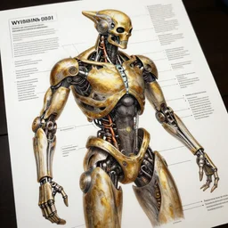 highly detailed labeled medical anatomy poster of a robotic abomination, anatomical drawing on poster paper with notes + well - lit, ray tracing, detailed, mechanism, ent, forbidden - knowledge, intricate details, gold and silver ink
