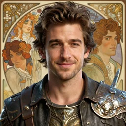 close up portrait, friendly adam brody as a metal elemental, alphonse mucha, rhads, ross tran, artstation, artgerm, octane render, 1 6 k