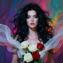 portrait of kate bush against a neon multicolored background, lush black hair, pale skin, white and red roses, flowing material, intricate, beautiful cinematic lighting, stunning painting by artgerm, caravaggio, android jones, wadim kashin, annie leibovitz