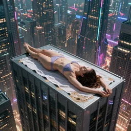 a girl laying on a beach towel on top of a building looking down at futuristic new york city, cyberpunk, ghostpunk, sci - fi, neon lights, by craig mullins