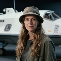 a body portrait of a beautiful woman standing by a space ship by zhang jingna, long hair, aged 2 5, swedish, wearing a travel hat, photo realistic, real life, photograph, 3 5 mm, octane render, trending on artstation