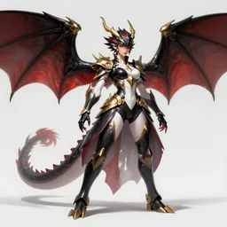 beautiful and cool female dragon tamer, wide angle view, black, white, gold, red colors, shiny, highly detailed, artgerm, cushart krenz, artstation, soft light, sharp focus, illustration, character design, concept art