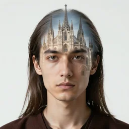 hyperrealistic portrait photo of an male mystic'face merging with a cathedral building, descend of the sun, etheric, emotionally evoking symbolic metaphors, head in focus, ornamental, intricate, elegant, golden ratio, sharp focus, art by ernst haeckel, john william godward, gustav klimt,