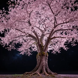 fractal sakura in deep space in style of Dean Roger, massive wide trunk, hyper realism, very detailed, no text, contrast picture