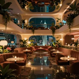 concept art, retro - futurist speakeasy, reflections, night lighting, designer furniture, high ceiling, 6 0 s colour palette, plants, flowers, floor lamps, multi - level, soft lighting, city view, bladerunner, james jean, syd mead, akihiko yoshida, cinematic