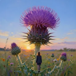 giant thistle flower head, a girl in a suit in field of flowers, surreal photography, sunrise, blue sky, dramatic light, impressionist painting, digital painting, artstation, simon stalenhag