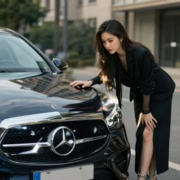 she got the mercedes benz,, highly detailed, sharp, cinematic, 8 k,