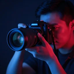 photographer taking a picture. close up. telephoto lens. blue and red lighting. bokeh. vignette. bluish darks. studio