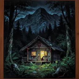 detailed poster of a zombie outside a cabin in the mountain, night, horror, by junji ito,