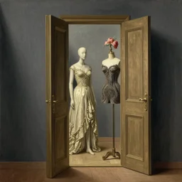 a surreal painting by willem claesz heda of a doorway to pure imagination. one of them is a mannequin, intricate, elegant, masterpiece, trending on artstation, extremely detailed, dreamscape, fantasy, magical