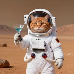 photo of orange cat in white astronout suit, holding a martini glass, transparent helmet, martian landscape background, photorealistic, digital art, by alejandro jimenez, bernardo gonzalez perez, blow studio, hdr, 8 k