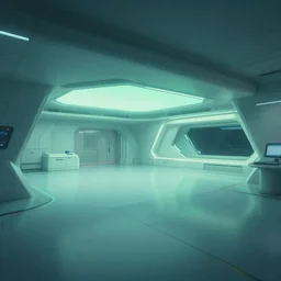 liminal space - station interior, large open room, gentle blue and green lighting, futuristic, angular design
