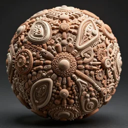 a stunning ultra detailed intricate spherical polymer clay sculpture made of tiny repetitive organic and geometric shapes, paisley patterns, fractals, artstation, deep depth of field, volumetric lighting, 3 d model, 8 k, dark background