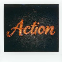 ultra - detailed polaroid of bright orange lava spelling out action over black dirt in calligraphy fraktur wayne d barlowe and ed ruscha