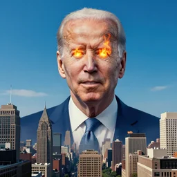 giant mayan joe biden with flaming eyes standing over city, perfectly clear face, by j. c. leyendecker and beksinski