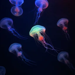 underwater picture of a school of jellyfish, dark background, colorful bioluminescence glow, blue, green, red,