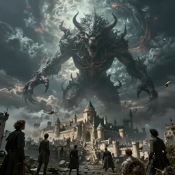 a gigantic eldritch beast descending from a cosmic horror sky and crushing a medieval city, photorealistic movie still by michael komarck, greg rutkowski, victo ngai, artgerm, willem claesz heda and j. dickenson