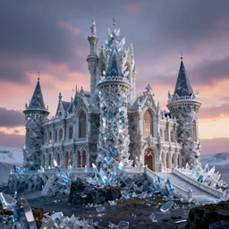 medieval baroque castle made of crystal shards, epic landscape, iceland photography, cinematic, octane render, 8 k, art station, dramatic lighting, beautiful dusk sky, concept art, rococo, photo realistic, intense detail