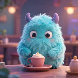 little fluffy monster in a magical cafe. upcoming 3 d animation by an indie studio, rimlighting, depth of field, limited palette, intricate details, impressionism, chiaroscuro, bokeh.