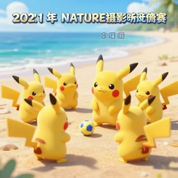 award winning photograph a of a group of pikachus playing with a ball at the beach, this picture was designed as the cutest in a competition of nature photography in 2021, trending on artstation, digitally enhanced, sunny day