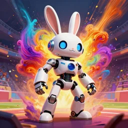 anthropomorphic bunny robot with human characteristics in an arena, digital art, epic composition, fantasy, explosion of color, highly detailed, in the style of jake parker, in the style of conrad roset, swirly vibrant colors, sharp focus