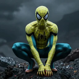 moody atmospheric render of a cyborg spiderman with a chartreuse and teal color scheme by leon tukker