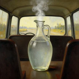 A jug of moonshine giving off light in the back of a bus, Painting by Leonardo Da Vinci