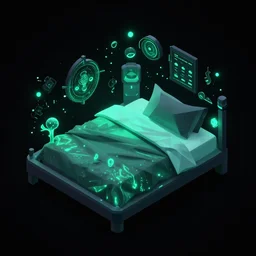 isometric bed with alien aesthetic and biolumnescent gree cyan neon type lights all in a black background behance lowpoly