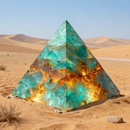 four - sided pyramid peridot, turquoise, amber, volumetric light, abstract, bright colour, landscape, desert, earth, fire, water
