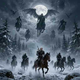 the wild hunt, spectres riding in the sky, bad omen, enchanted forest, blizzard storm, fog, full moon, snowy environment, in the style of the witcher series, hyperrealism, breathtaking, award winning, groundbreaking, octane render, unreal 5, intricate digital art, 8 k hi - res
