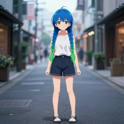 cute, sassy anime girl standing on a street, braids blue and green, singular, junichi higashi, isamu imakake, intricate, balance, full far frontal portrait, volumetric lighting, cinematic lighting, masterpiece