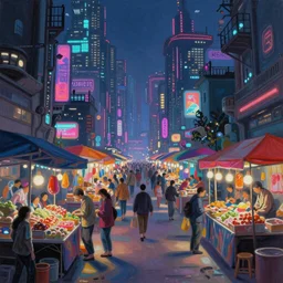 a beautiful painting of a strange market in a cyberpunk city, art by Gerald Parel, trending on Artstation, neon color scheme
