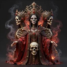 a beautiful detailed 3 d matte painting of female empress of the dead, by ellen jewett, tomasz alen kopera and justin gerard : 3, symmetrical features, ominous, magical realism, texture, intricate, ornate, royally decorated, skull, skeleton, whirling smoke, embers, red adornements, red torn fabric, radiant colors, fantasy, trending on artstation