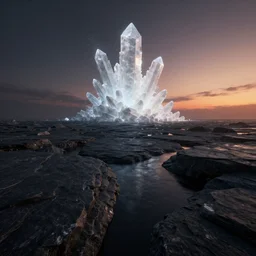 octane render uhd, 8 k art photography, filmic lighting, cinematic art shot, hyperrealistic, hyperdetailed, super detailed, 8 k, high resolution, vast dark granite landscape with mysterious strangle glowing crystalline structure made of white rocks in the far distance, particle simulation, painting by ross tran and ivan aivazovsky, black water, sunset