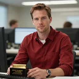 award winning portrait photograph, Dexter Morgan, working in an office, red splatter on shirt, depth of field, bokeh
