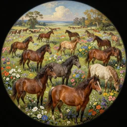 An epic fantastic realism comic book style painting of the most beautiful flowers covering a herd of wild horses, fisheye lens, painted by the Hudson River school, unreal 5, DAZ, hyperrealistic, octane render, dynamic lighting